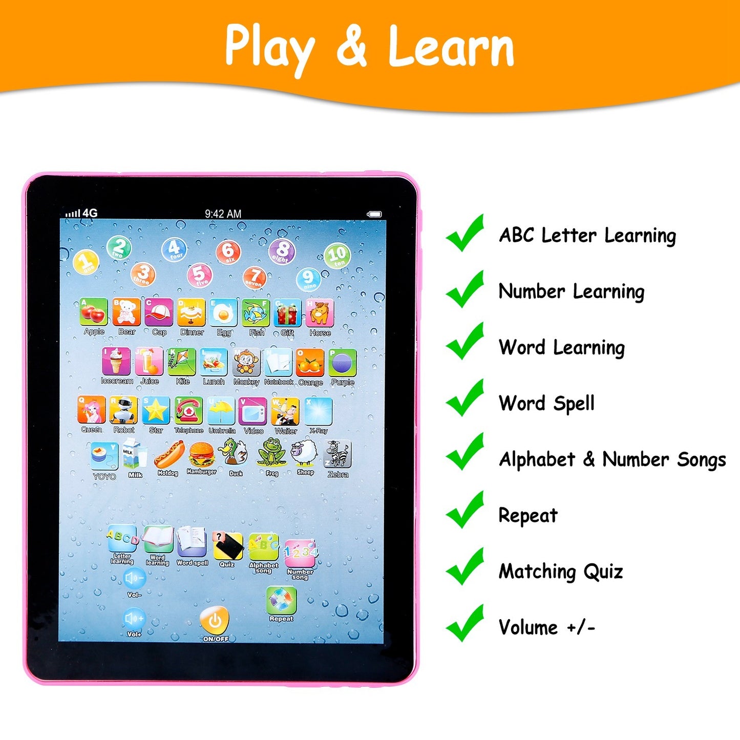 US Local Baby Learning Tablet Educational Mini Pads Toys Touch Learn Toddler Tablet For ABC Numbers Words Gift For Boys Girls Aged 1-6 Year Old Kids