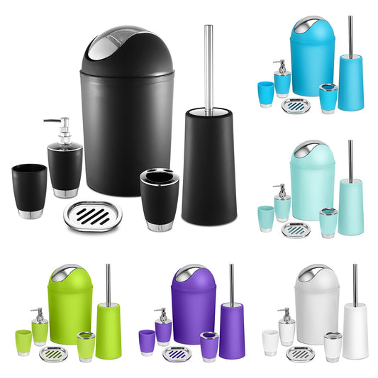 US Local Bathroom Accessories Set 6 Pcs Bathroom Set Ensemble Complete Soap Dispenser Toothbrush Holder Tumbler Soap Dish Toilet Cleaning Brush Trash Can