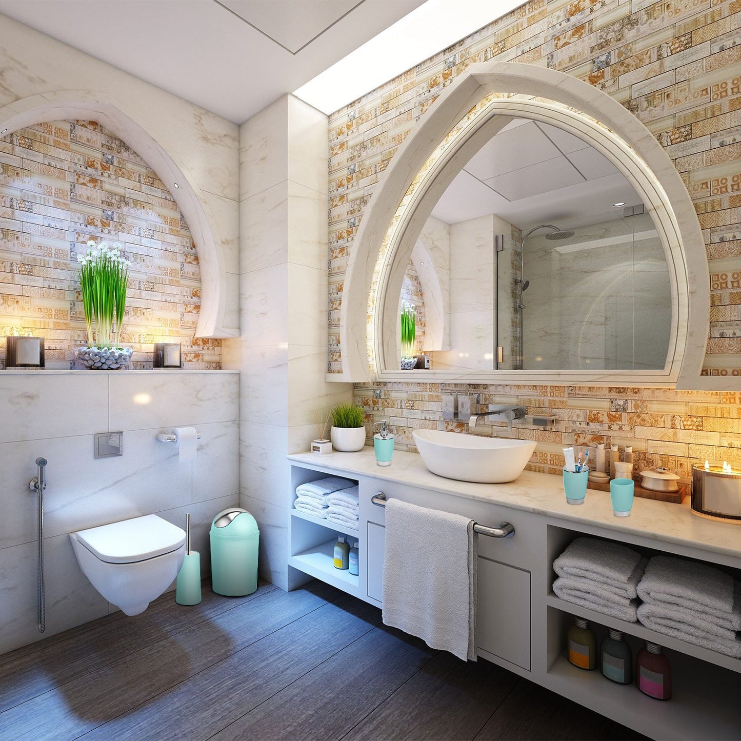 US Local Bathroom Accessories Set 6 Pcs Bathroom Set Ensemble Complete Soap Dispenser Toothbrush Holder Tumbler Soap Dish Toilet Cleaning Brush Trash Can