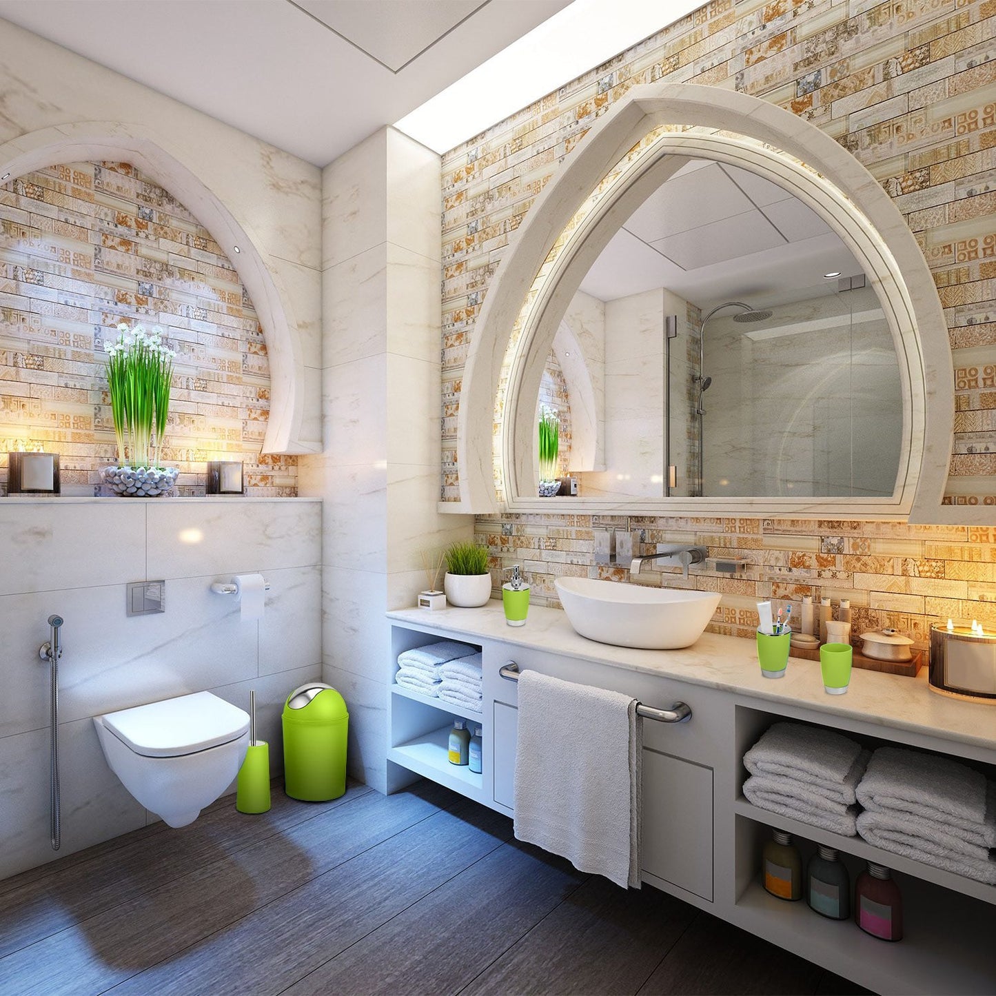 US Local Bathroom Accessories Set 6 Pcs Bathroom Set Ensemble Complete Soap Dispenser Toothbrush Holder Tumbler Soap Dish Toilet Cleaning Brush Trash Can