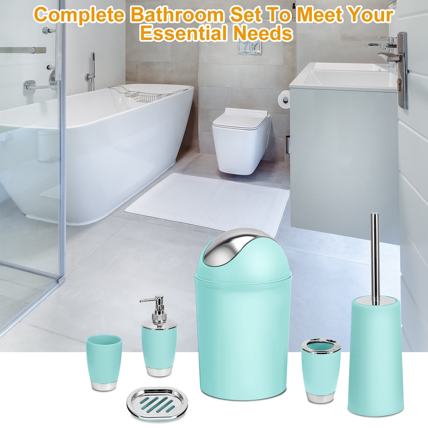 US Local Bathroom Accessories Set 6 Pcs Bathroom Set Ensemble Complete Soap Dispenser Toothbrush Holder Tumbler Soap Dish Toilet Cleaning Brush Trash Can