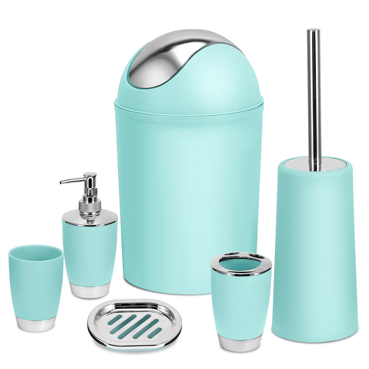 US Local Bathroom Accessories Set 6 Pcs Bathroom Set Ensemble Complete Soap Dispenser Toothbrush Holder Tumbler Soap Dish Toilet Cleaning Brush Trash Can