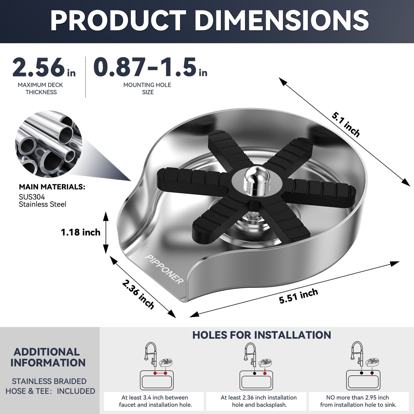 US Local PIPPONER Metal Glass Rinser For Kitchen Sink, 5-inch High Pressure Cup Washer With Hose, Stainless Steel Glass Washer For Sink, DIY Sink Bottle Washer For Home And Commercial Use