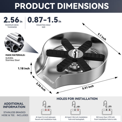 US Local PIPPONER Metal Glass Rinser For Kitchen Sink, 5-inch High Pressure Cup Washer With Hose, Stainless Steel Glass Washer For Sink, DIY Sink Bottle Washer For Home And Commercial Use