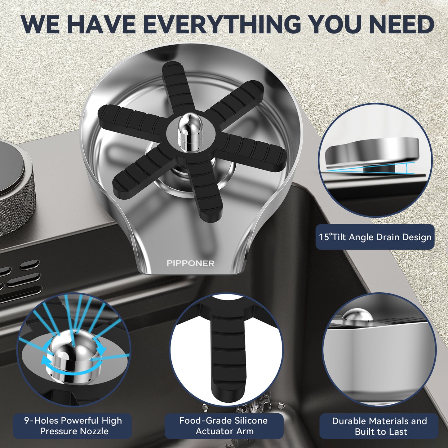 US Local PIPPONER Metal Glass Rinser For Kitchen Sink, 5-inch High Pressure Cup Washer With Hose, Stainless Steel Glass Washer For Sink, DIY Sink Bottle Washer For Home And Commercial Use