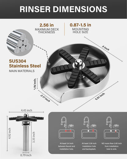 US Local PIPPONER Glass Rinser For Kitchen Sink, Upgrade 360 Rotating High Pressure Jet Glass Rinser, 5-inch Stainless Steel Cup Washer, Cup Rinser Sink Attachment For Home And Commercial
