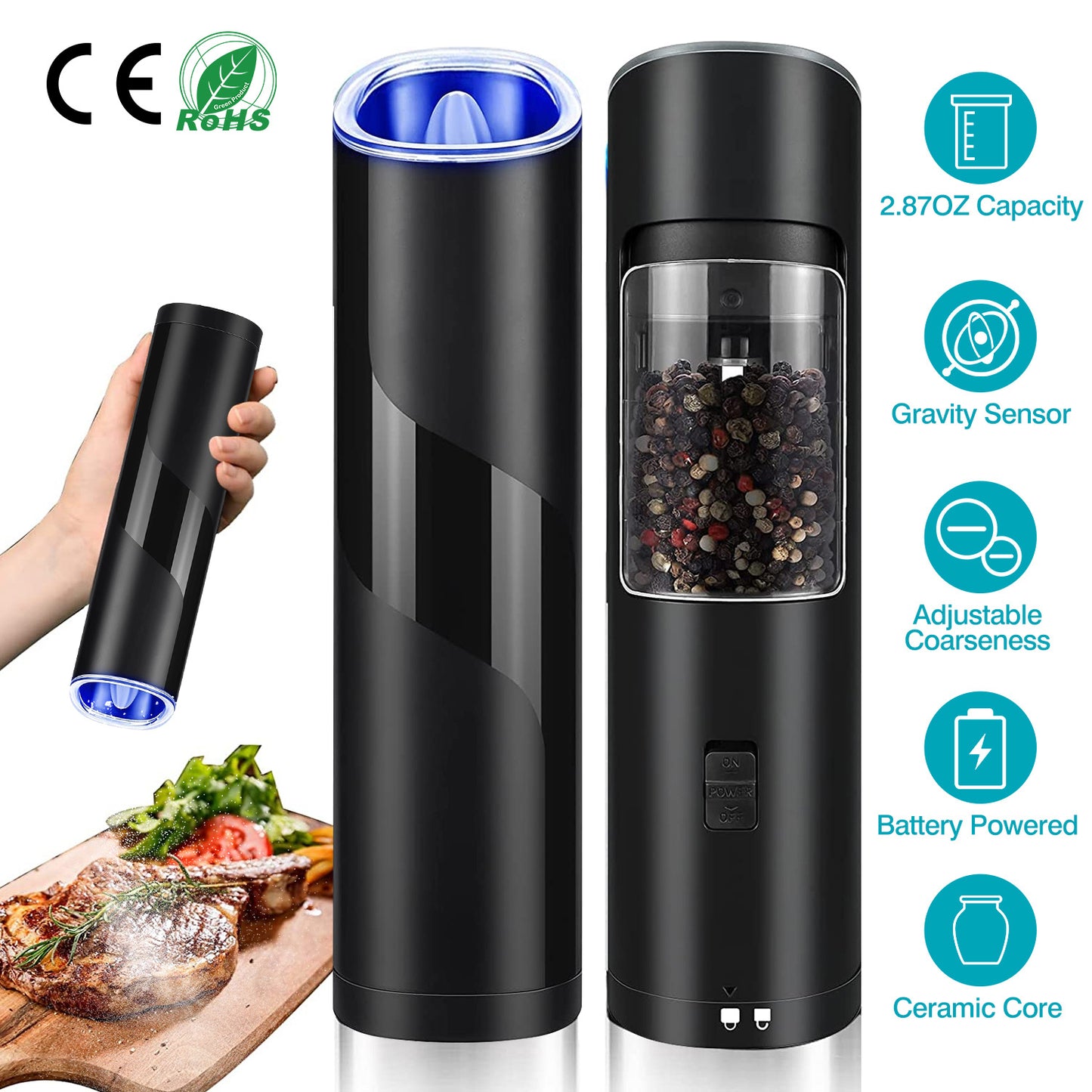 US Local Electric Salt And Pepper Grinder Automatic Gravity Sensor Battery Powered Salt Mill LED Indicator Adjustable Coarseness One Hand Easy Operation