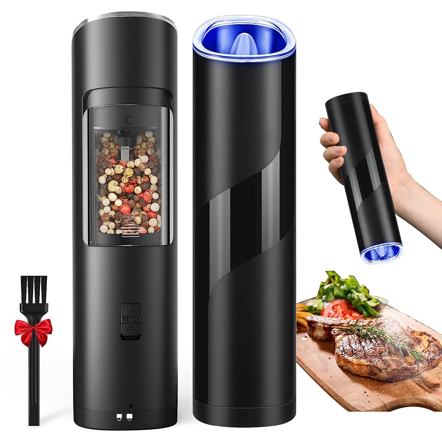 US Local Electric Salt And Pepper Grinder Automatic Gravity Sensor Battery Powered Salt Mill LED Indicator Adjustable Coarseness One Hand Easy Operation