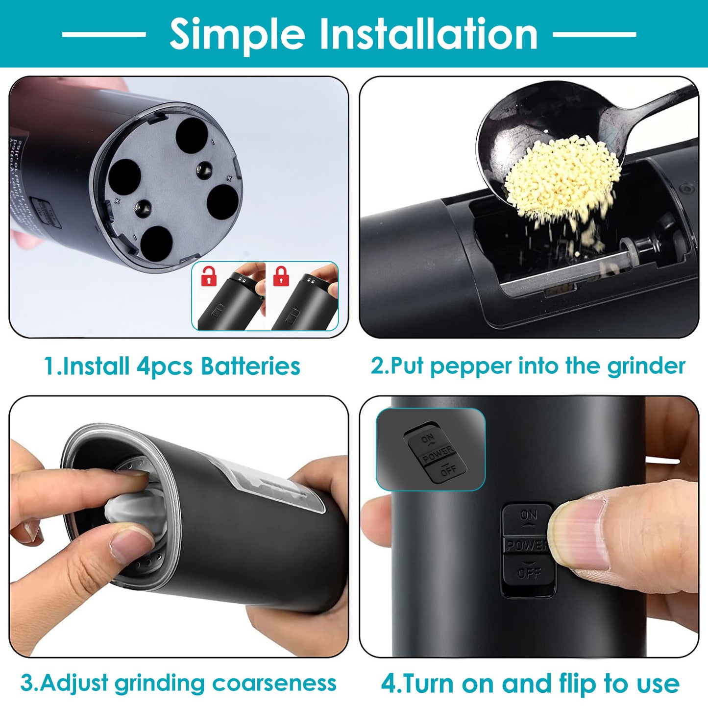 US Local Electric Salt And Pepper Grinder Automatic Gravity Sensor Battery Powered Salt Mill LED Indicator Adjustable Coarseness One Hand Easy Operation