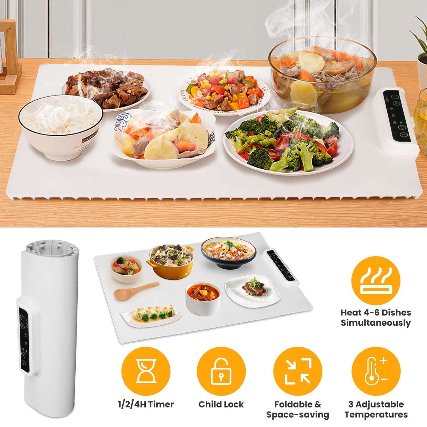 US Local Electric Warming Tray Smart Food Warmer Roll Up Heating Pad With Adjustable Temperature Control 3 Auto Timer Settings For Buffet Party Gathering Restaurant