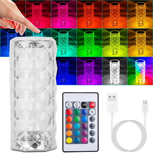 US Local Crystal Diamond Rose Table Lamp Dimmable Remote Touch Control Beside LED Night Light Rechargeable 16 Color Change Atmosphere Bar Lamp
