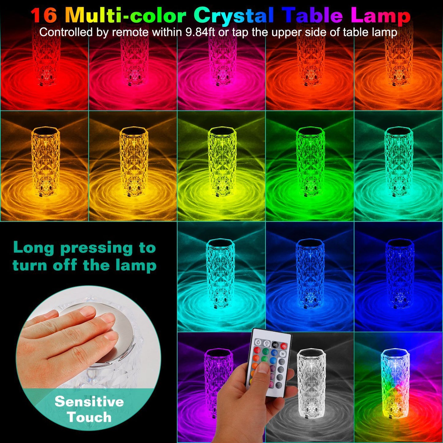 US Local Crystal Diamond Rose Table Lamp Dimmable Remote Touch Control Beside LED Night Light Rechargeable 16 Color Change Atmosphere Bar Lamp