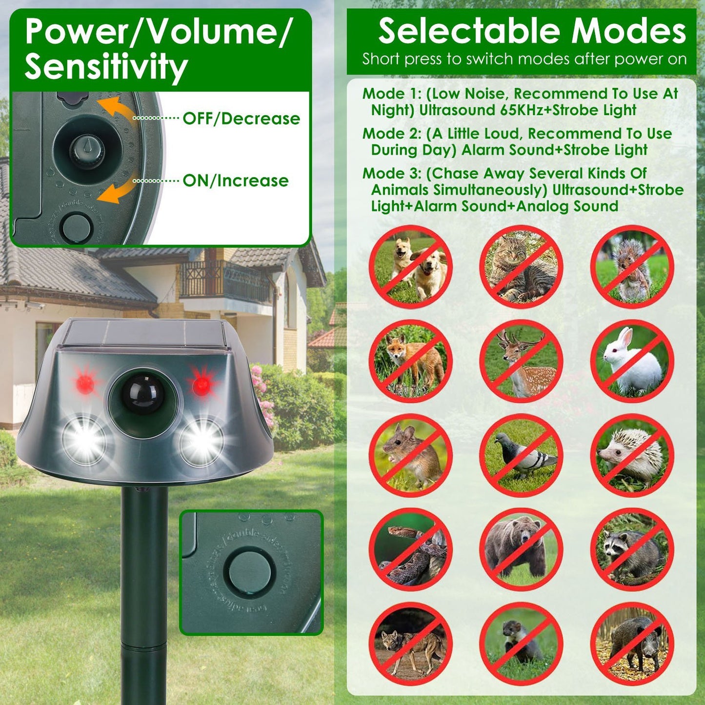 US Local 1Pc Ultrasonic Solar Animal Repeller Outdoor  Mole Snake Squirrel Repellent Waterproof With 3 Modes Motion Sensor Vibration Stake For Farm Garden Yard