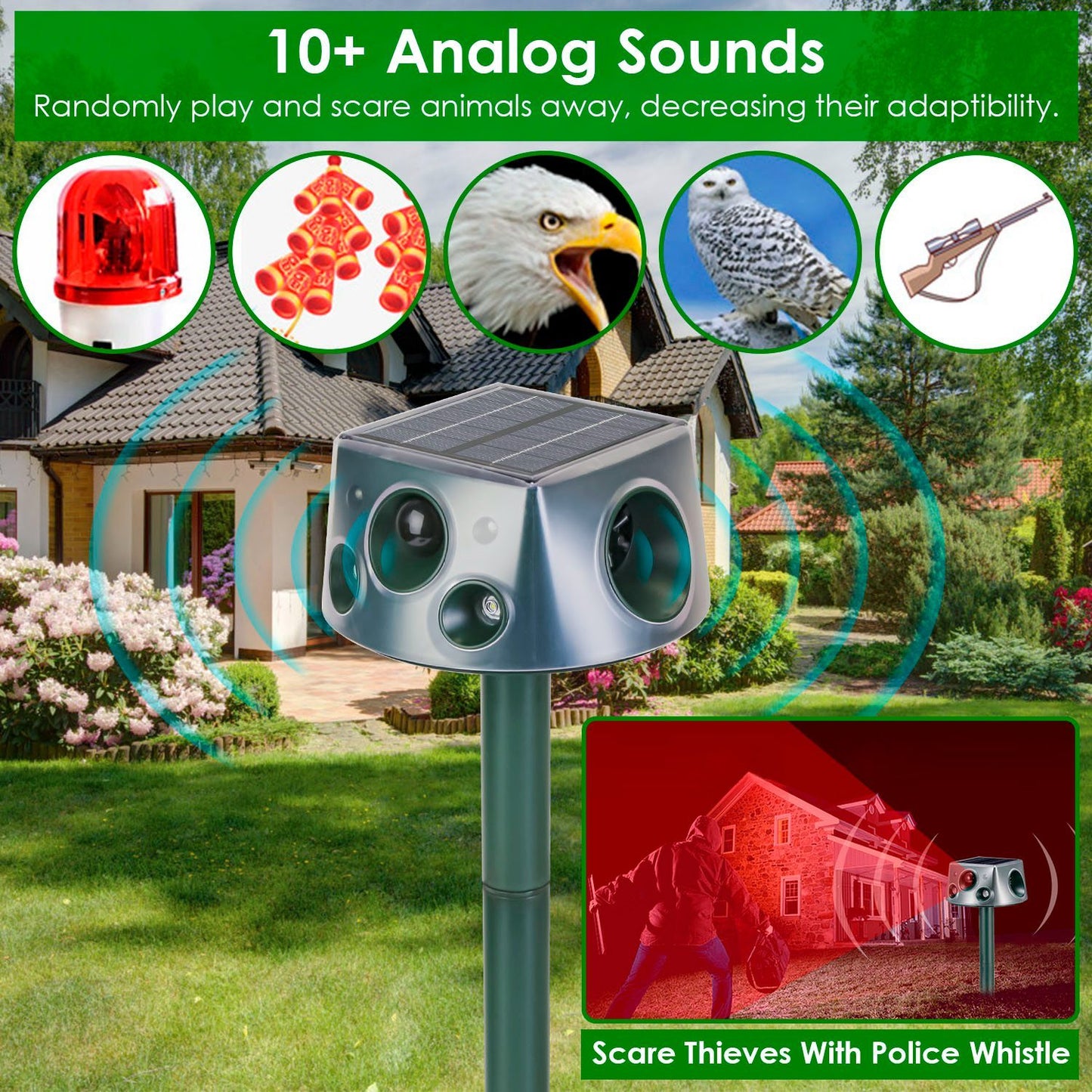 US Local 1Pc Ultrasonic Solar Animal Repeller Outdoor  Mole Snake Squirrel Repellent Waterproof With 3 Modes Motion Sensor Vibration Stake For Farm Garden Yard