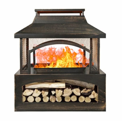 US Local 37 Inch Rectangular Metal Outdoor Wood Burning Fireplace - Outdoor Fireplace With Built-in Log Storage & Brush Stick For Log Burner Fire Pit In Patio Garden & Backyard