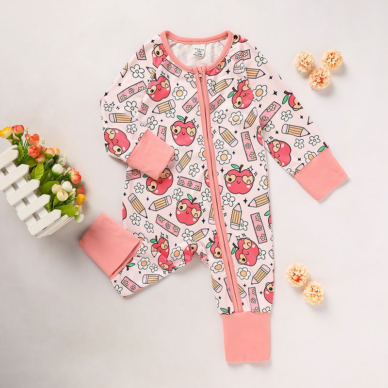 US Local Adorable Infant Romper For Back To School Apple And Pencil Print Long Sleeve Jumpsuit Outfit