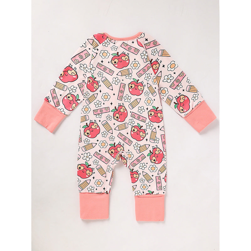 US Local Adorable Infant Romper For Back To School Apple And Pencil Print Long Sleeve Jumpsuit Outfit