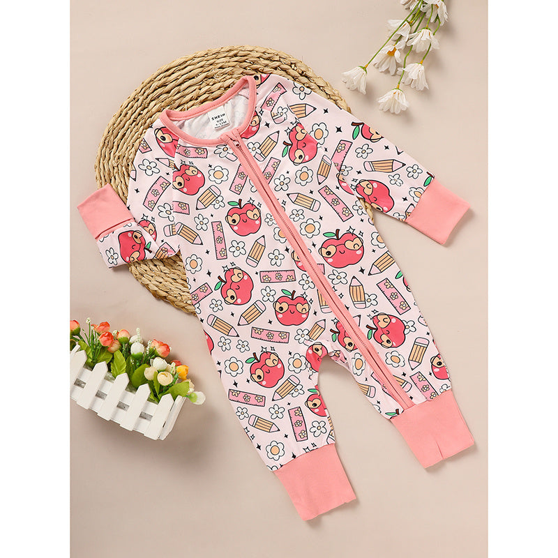 US Local Adorable Infant Romper For Back To School Apple And Pencil Print Long Sleeve Jumpsuit Outfit