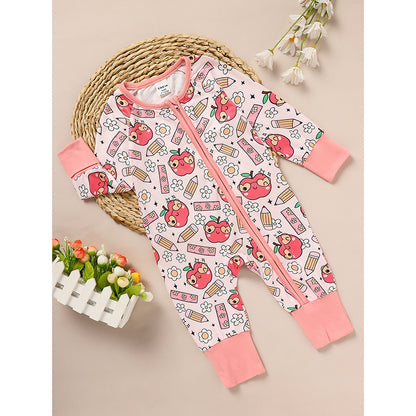 US Local Adorable Infant Romper For Back To School Apple And Pencil Print Long Sleeve Jumpsuit Outfit