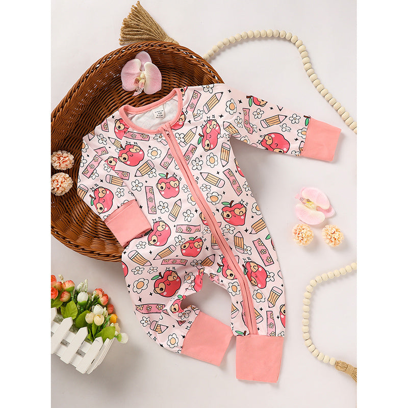 US Local Adorable Infant Romper For Back To School Apple And Pencil Print Long Sleeve Jumpsuit Outfit