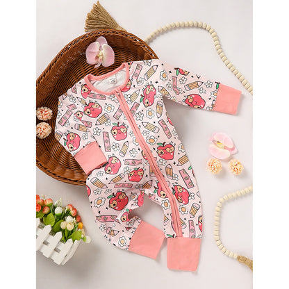 US Local Adorable Infant Romper For Back To School Apple And Pencil Print Long Sleeve Jumpsuit Outfit