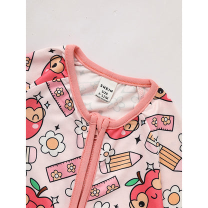 US Local Adorable Infant Romper For Back To School Apple And Pencil Print Long Sleeve Jumpsuit Outfit
