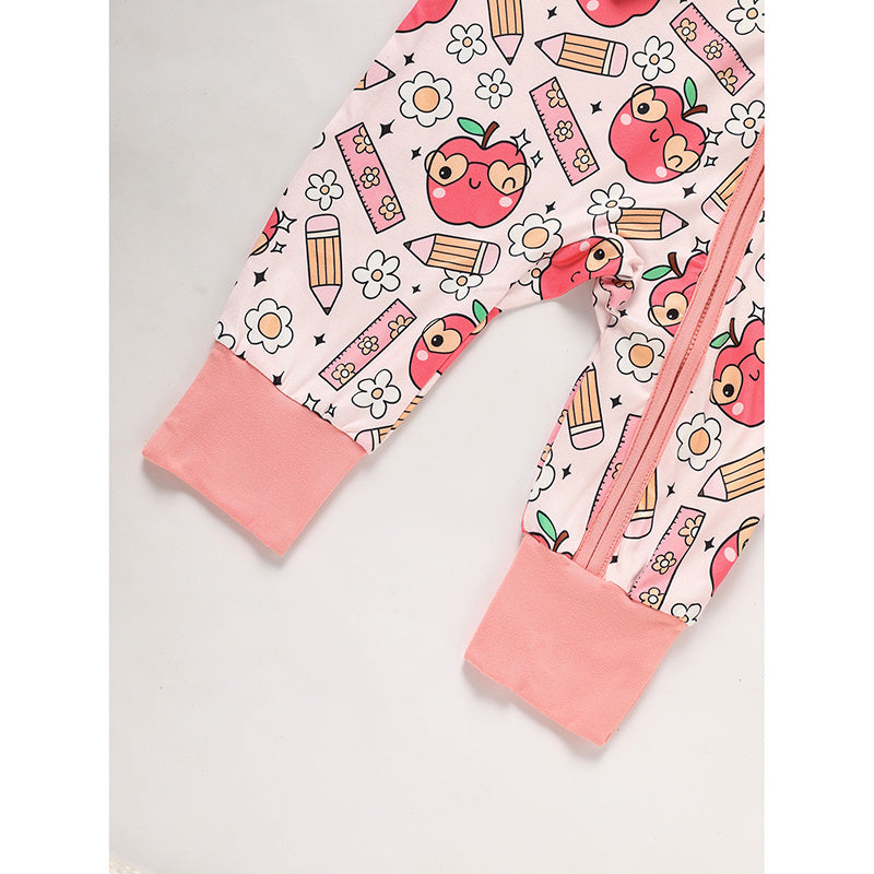US Local Adorable Infant Romper For Back To School Apple And Pencil Print Long Sleeve Jumpsuit Outfit
