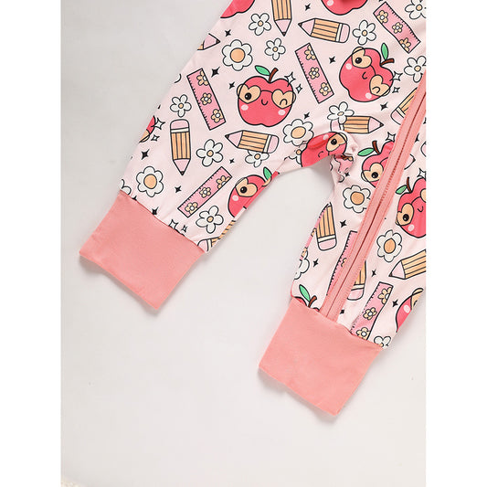US Local Adorable Infant Romper For Back To School Apple And Pencil Print Long Sleeve Jumpsuit Outfit