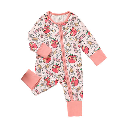 US Local Adorable Infant Romper For Back To School Apple And Pencil Print Long Sleeve Jumpsuit Outfit