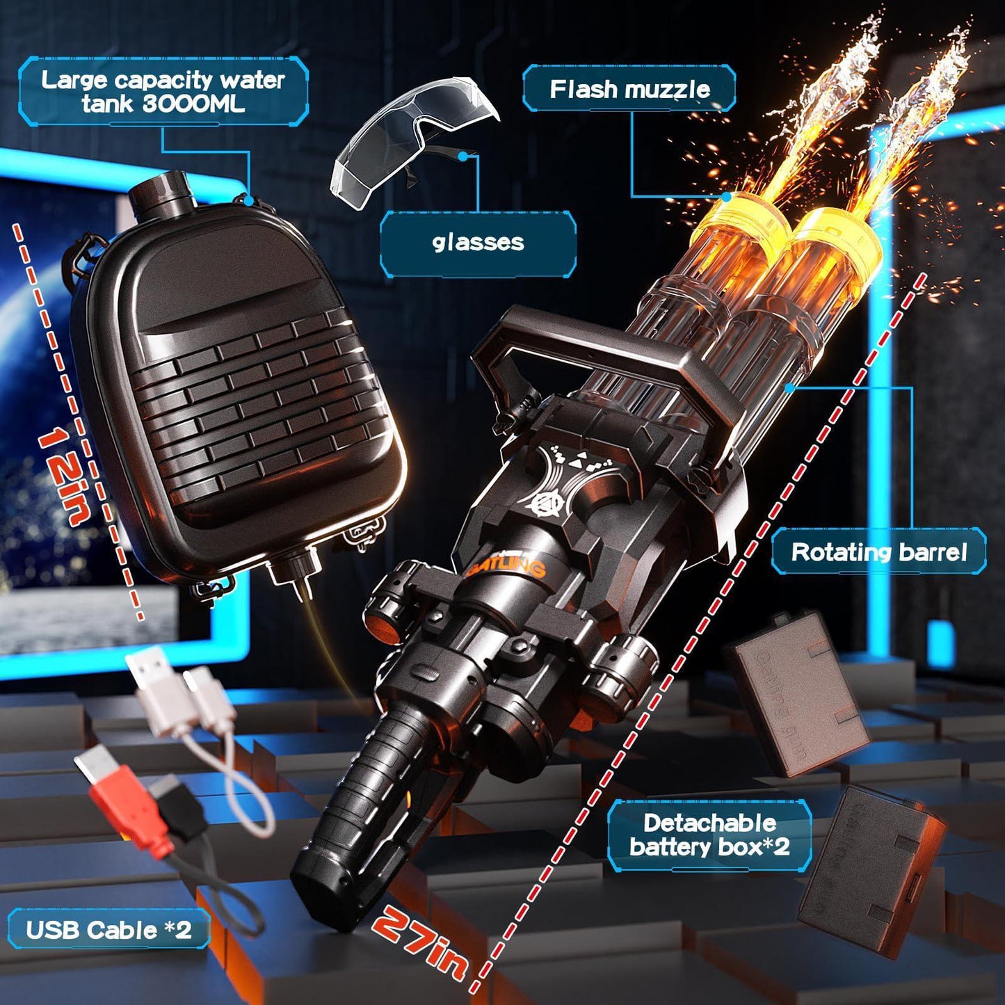 US Local Double-barreled Gatling Water Gun Black New Cool Blue Version Toy