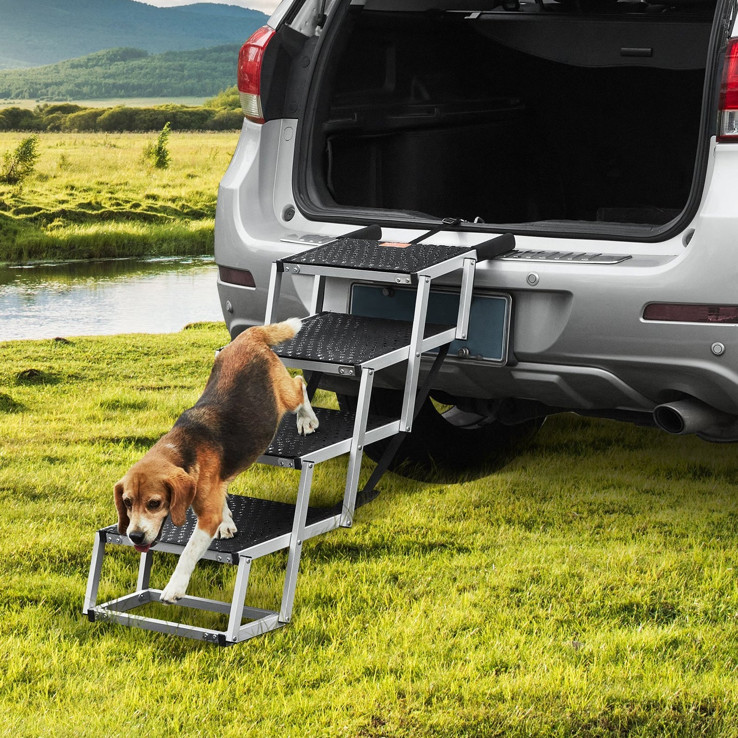 US Local VEVOR Dog Stair For Cars 4-step Folding Dog Steps Aluminum Loads Up To 150 Lbs