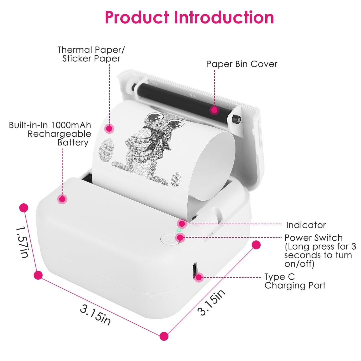 US Local Mini Printer - Printer Paper 'Options' -- Pocket Wireless Thermal Printer Portable Mini Sticker Maker Machine Rechargeable Inkless Photo Printer For Printing Label Journal Study Notes Memo Photos