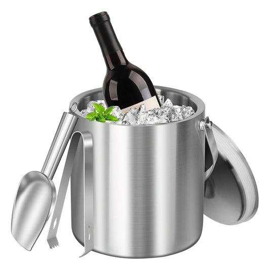 US Local 1 Set Double Wall Stainless Steel Insulated Ice Bucket 3L Ice Holder Ice Container With Lid Scoop Strainer Handle For Wine Champagne Beer Parties Cocktails