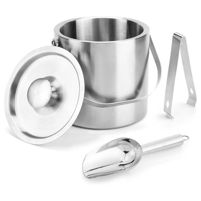 US Local 1 Set Double Wall Stainless Steel Insulated Ice Bucket 3L Ice Holder Ice Container With Lid Scoop Strainer Handle For Wine Champagne Beer Parties Cocktails