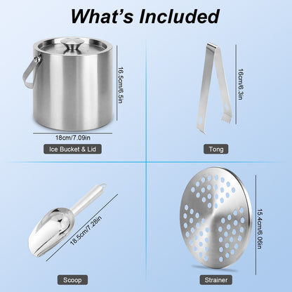 US Local 1 Set Double Wall Stainless Steel Insulated Ice Bucket 3L Ice Holder Ice Container With Lid Scoop Strainer Handle For Wine Champagne Beer Parties Cocktails