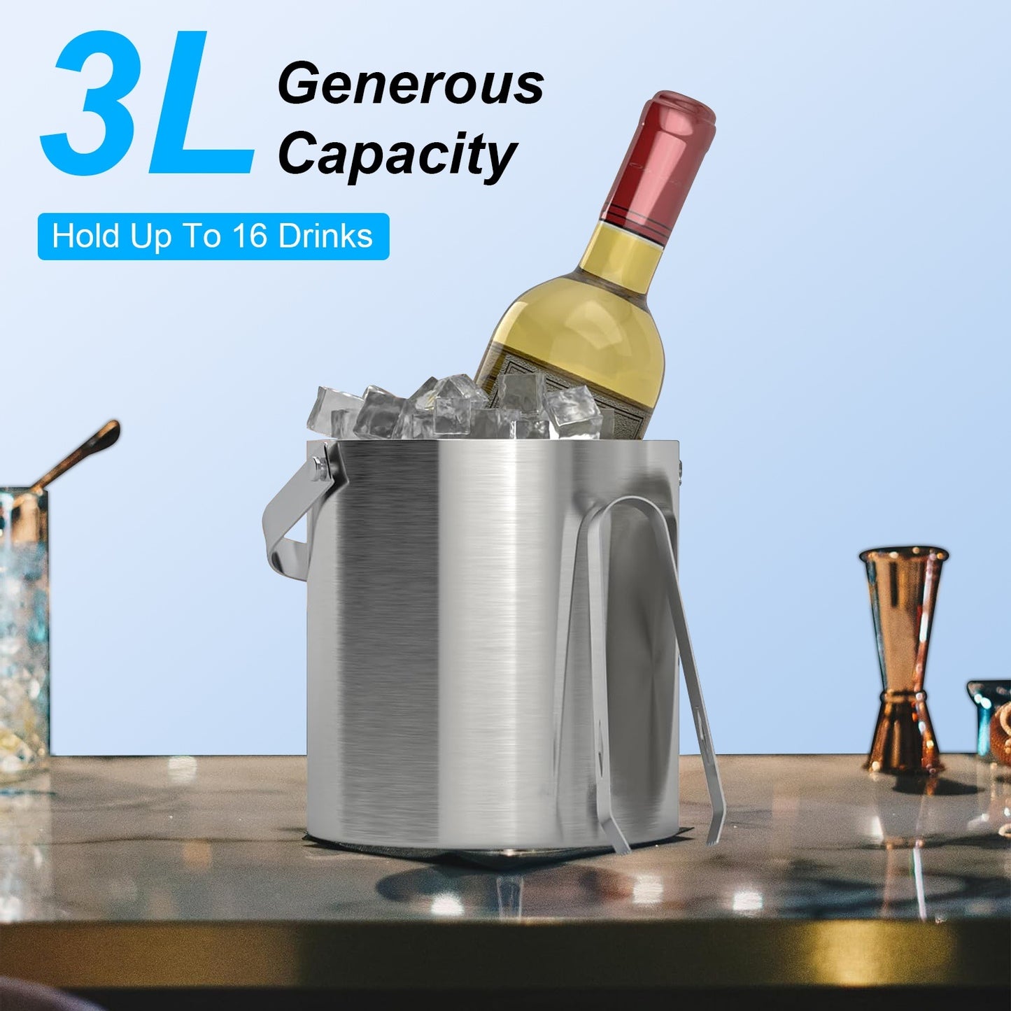 US Local 1 Set Double Wall Stainless Steel Insulated Ice Bucket 3L Ice Holder Ice Container With Lid Scoop Strainer Handle For Wine Champagne Beer Parties Cocktails