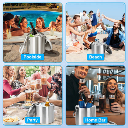 US Local 1 Set Double Wall Stainless Steel Insulated Ice Bucket 3L Ice Holder Ice Container With Lid Scoop Strainer Handle For Wine Champagne Beer Parties Cocktails