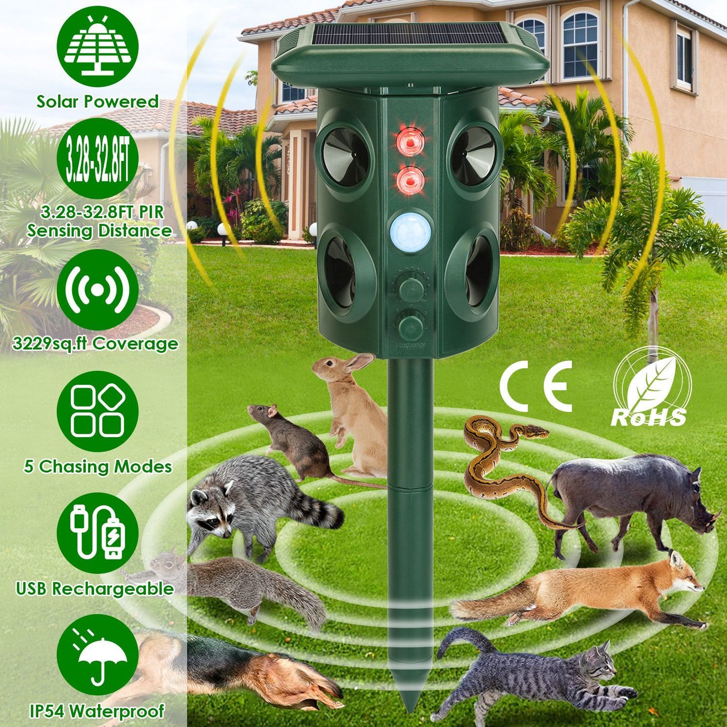 US Local Solar Ultrasonic Animal Repeller Solar Powered Animal Repellent Chaser With PIR Motion Sensor IP54 Waterproof Sound Flashing Light For Deer Raccoon Squirrel Mice Snakes Cat Dog