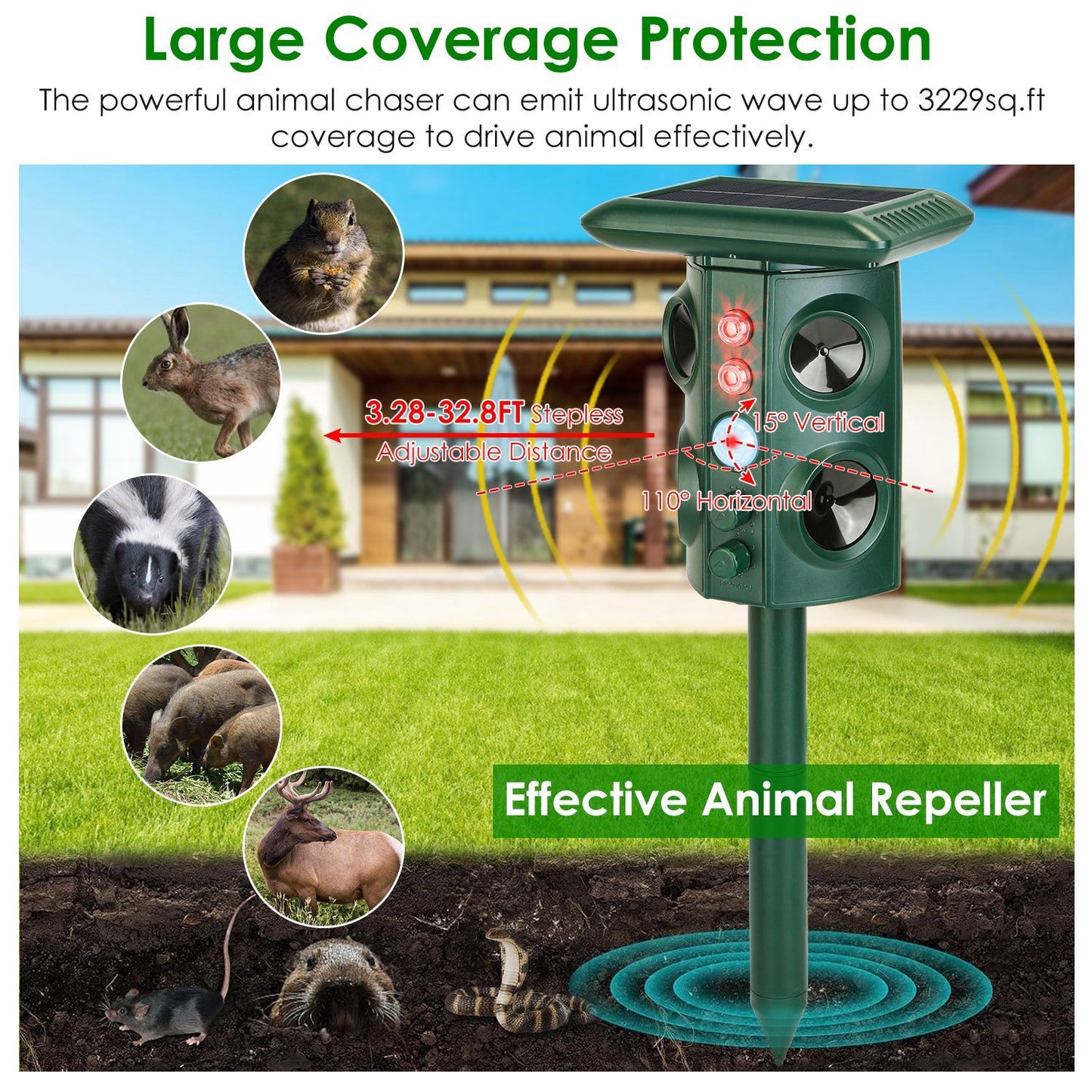 US Local Solar Ultrasonic Animal Repeller Solar Powered Animal Repellent Chaser With PIR Motion Sensor IP54 Waterproof Sound Flashing Light For Deer Raccoon Squirrel Mice Snakes Cat Dog