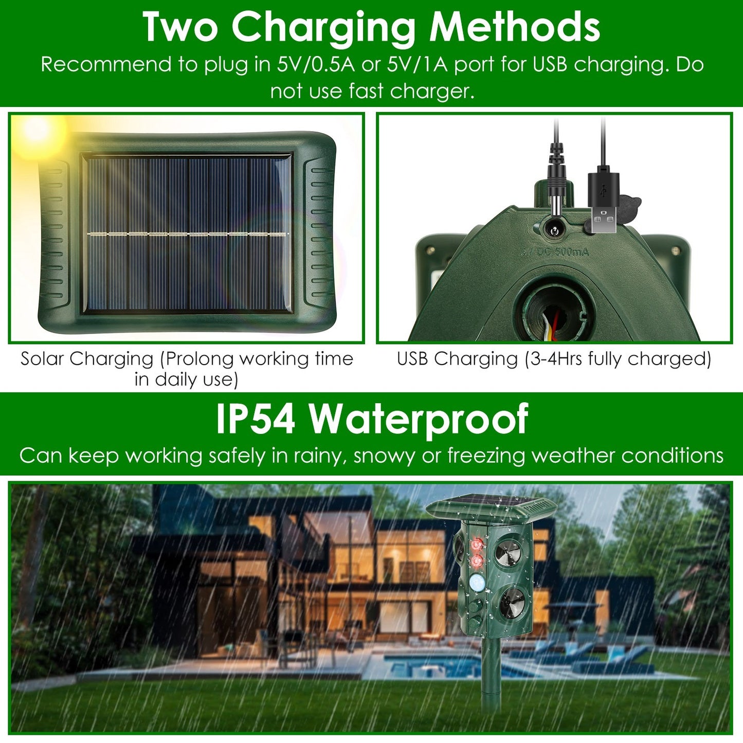 US Local Solar Ultrasonic Animal Repeller Solar Powered Animal Repellent Chaser With PIR Motion Sensor IP54 Waterproof Sound Flashing Light For Deer Raccoon Squirrel Mice Snakes Cat Dog