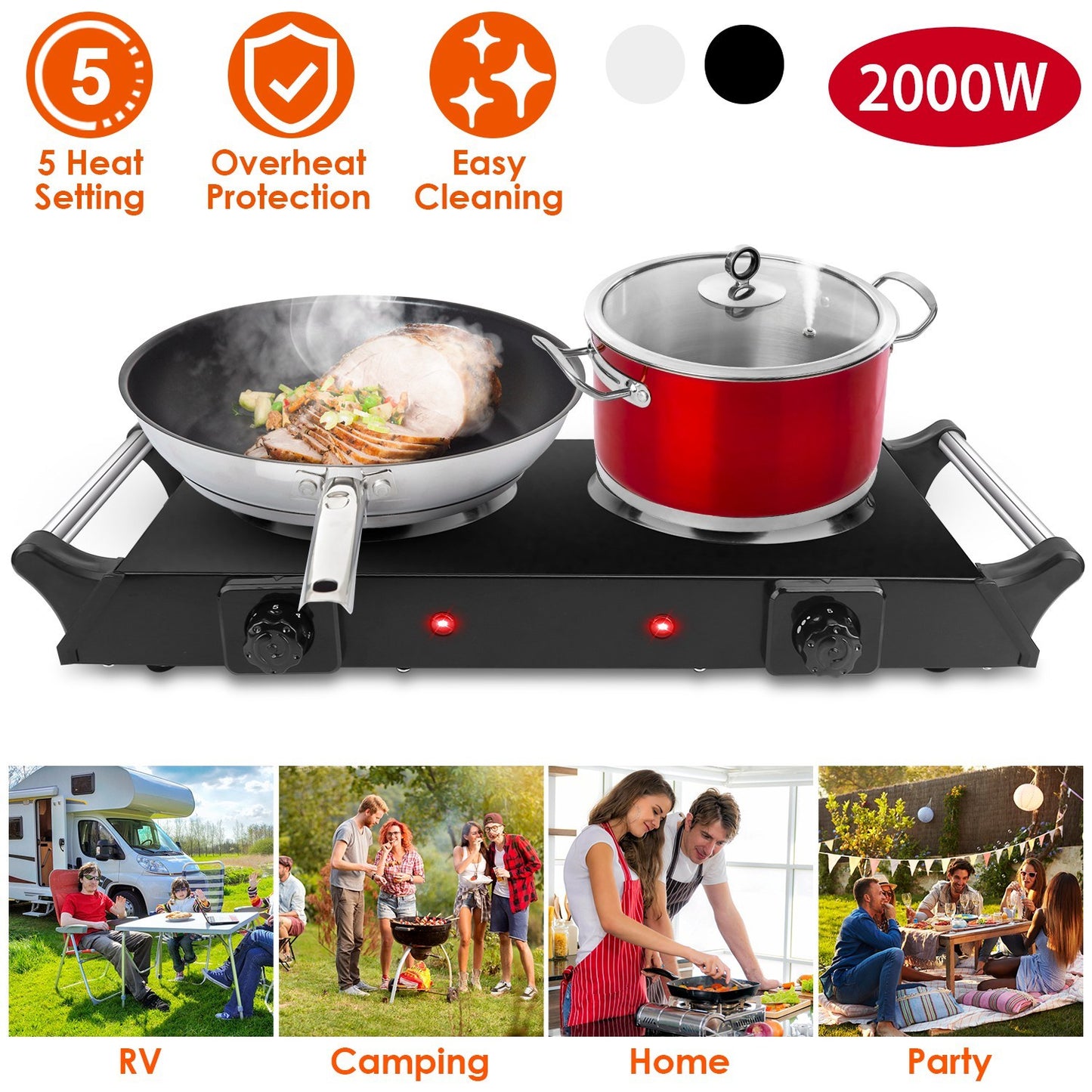 US Local Black-White Options -- 2000W Electric Dual Burner Portable Coil Heating Hot Plate Stove Countertop RV Hotplate With 5 Temperature Adjustments Portable Handles