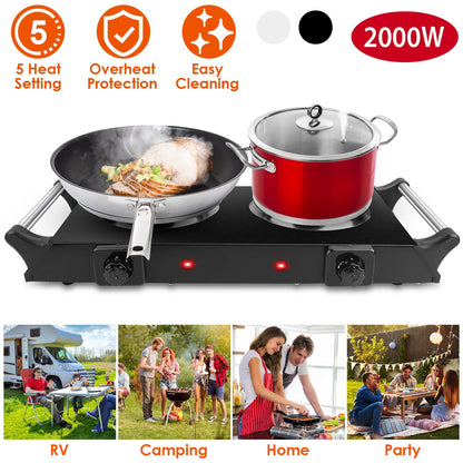 US Local Black-White Options -- 2000W Electric Dual Burner Portable Coil Heating Hot Plate Stove Countertop RV Hotplate With 5 Temperature Adjustments Portable Handles
