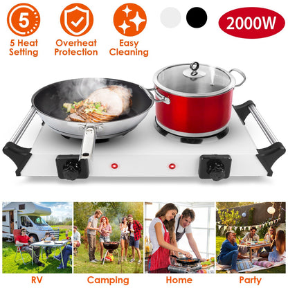US Local Black-White Options -- 2000W Electric Dual Burner Portable Coil Heating Hot Plate Stove Countertop RV Hotplate With 5 Temperature Adjustments Portable Handles