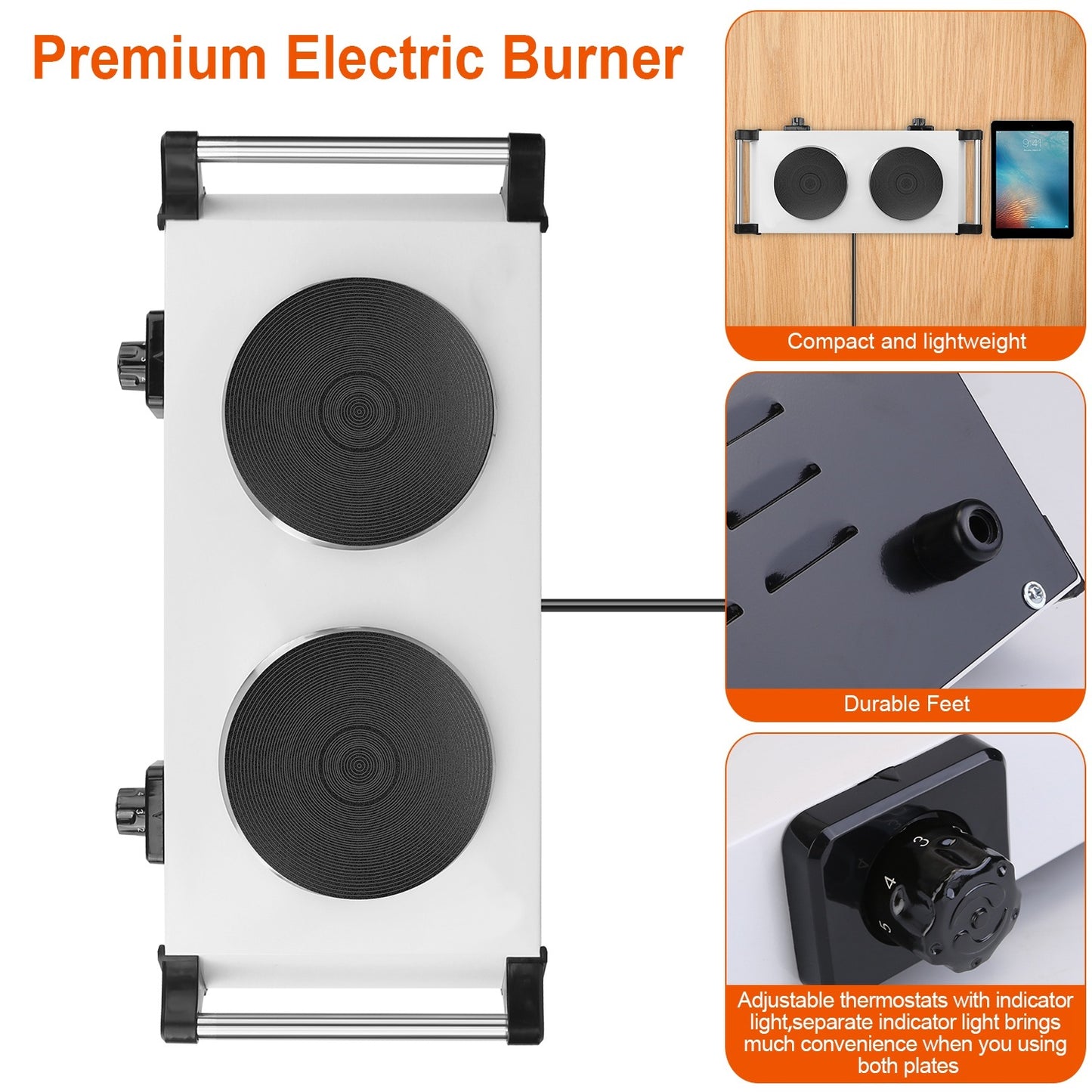 US Local Black-White Options -- 2000W Electric Dual Burner Portable Coil Heating Hot Plate Stove Countertop RV Hotplate With 5 Temperature Adjustments Portable Handles