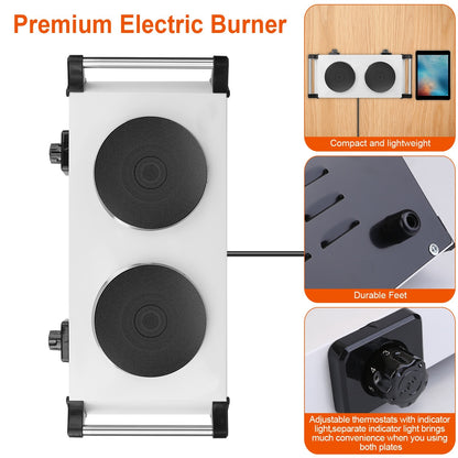 US Local Black-White Options -- 2000W Electric Dual Burner Portable Coil Heating Hot Plate Stove Countertop RV Hotplate With 5 Temperature Adjustments Portable Handles