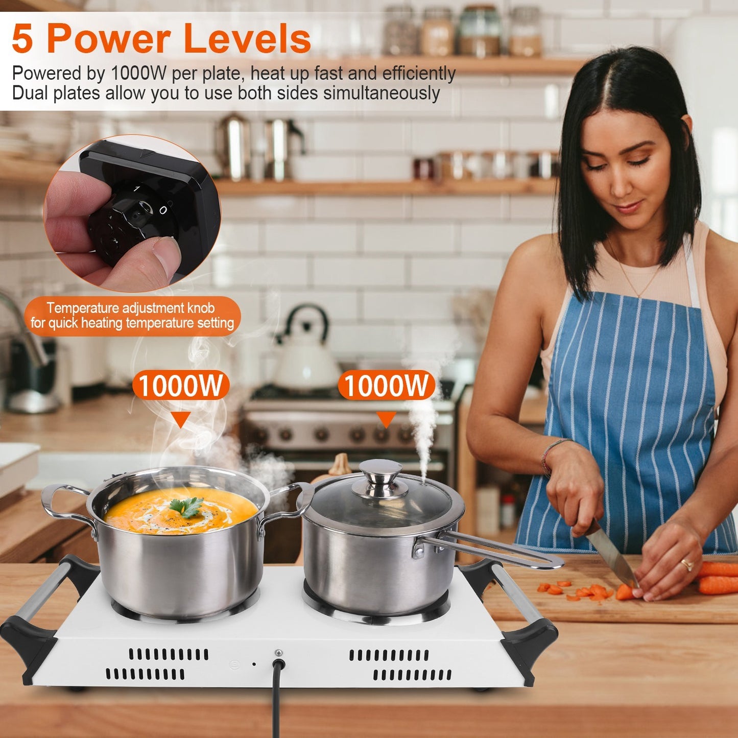 US Local Black-White Options -- 2000W Electric Dual Burner Portable Coil Heating Hot Plate Stove Countertop RV Hotplate With 5 Temperature Adjustments Portable Handles