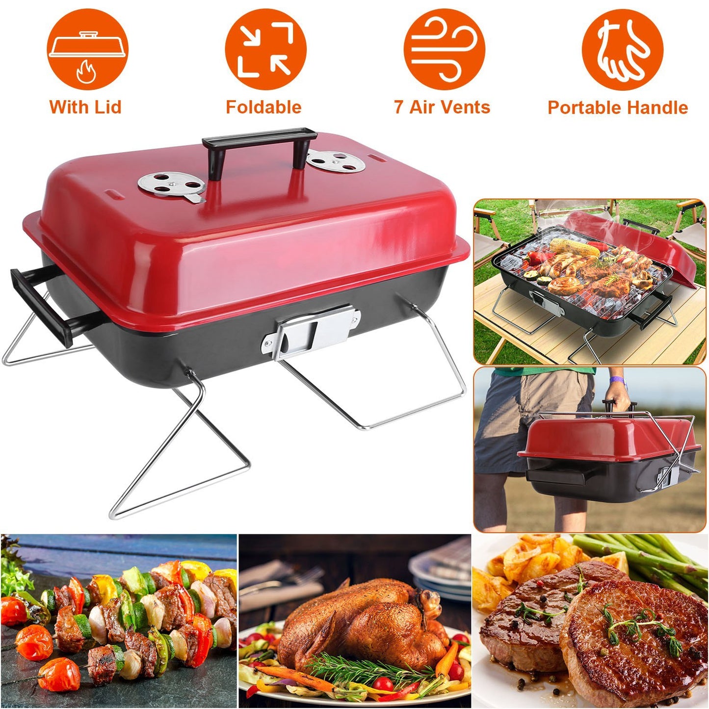 US Local Portable Charcoal Grill Outdoor Tabletop Grill Small Barbecue Smoker Folding BBQ Grill With Lid For Camping Picnics Beach