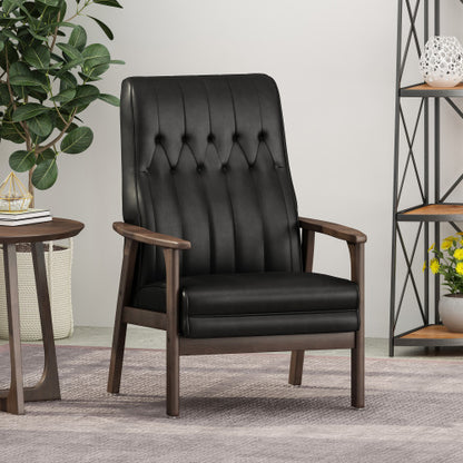 US Local Mid Century Modern Upholstered Accent Chair, Matte Black Faux Leather