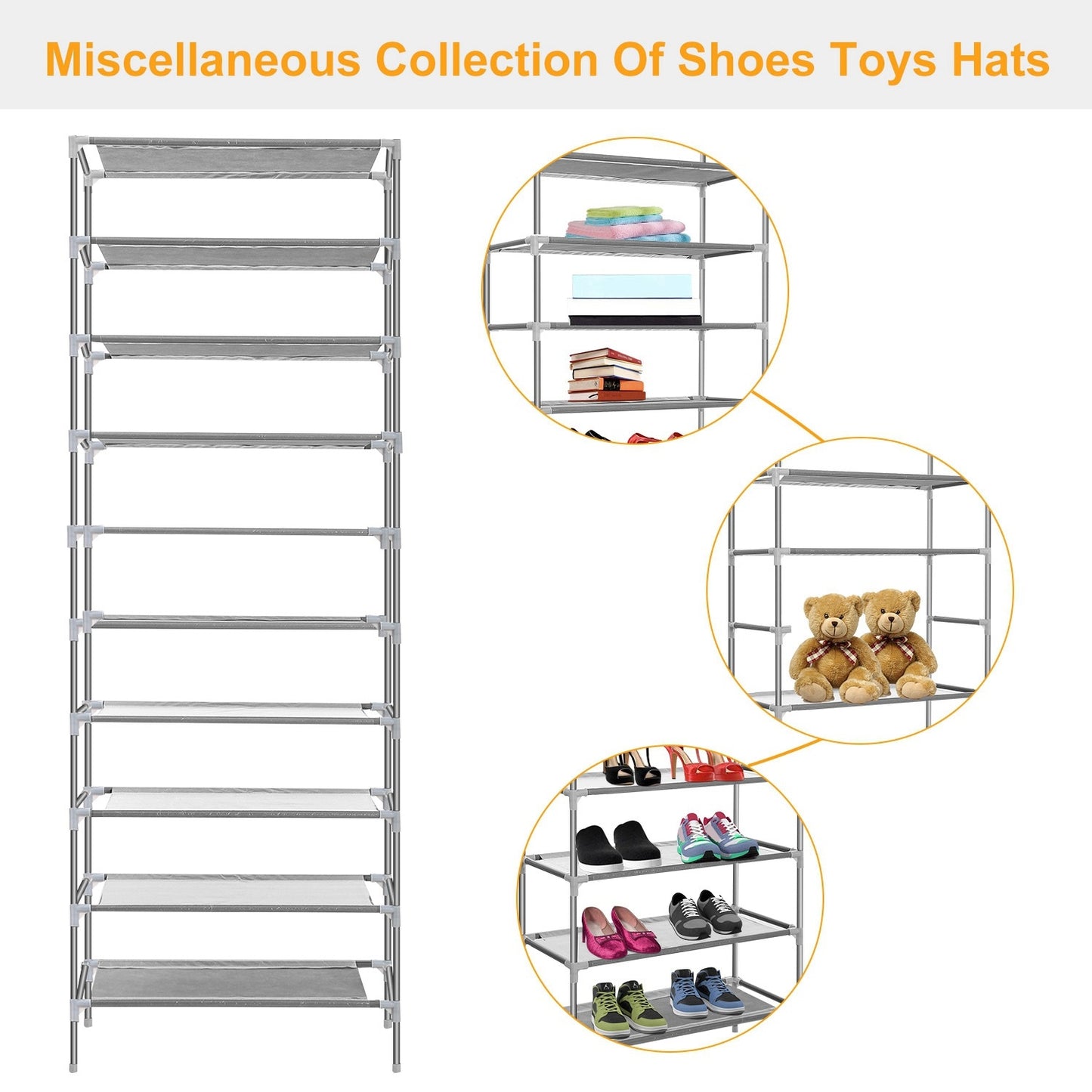 US Local 10 Tiers Shoes Rack Shelves 27 Pairs Shoes Storage Organizer Stand Non-Woven Fabric Detachable Shoes Tower Stackable Shoes Storage Rack For Entryway