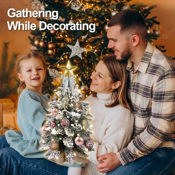 US Local 22in Tabletop Christmas Tree With Light Artificial Small Mini Red Christmas Decoration With Flocked Snow, Exquisite Decor & Xmas Ornaments For Table Top For Home & Office, Red